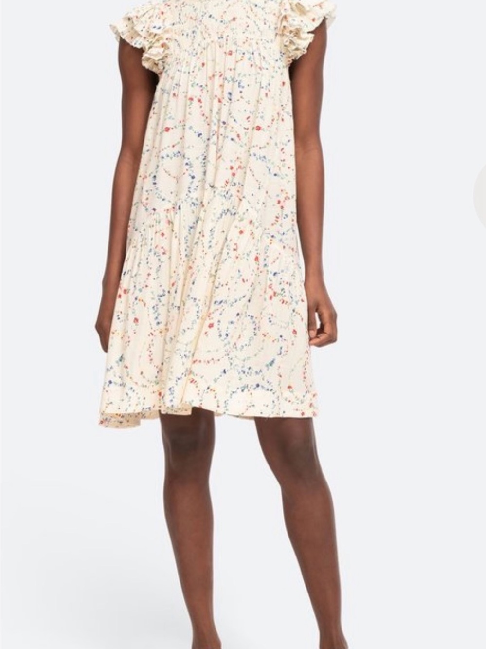 Sea New York Alison Tunic Cream Floral Dot Ruffle Sleeve Swing Dress